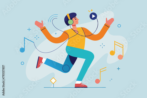 A man wearing headphones is running while listening to music, Dancing listening to music concept, Simple and minimalist flat Vector Illustration