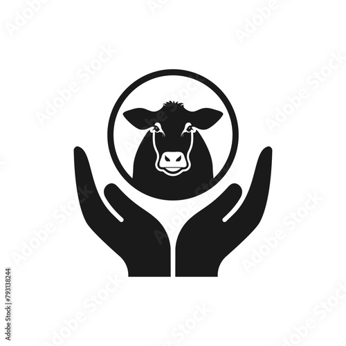 Cow or cattle on hands icon flat style isolated on white background. Vector illustration