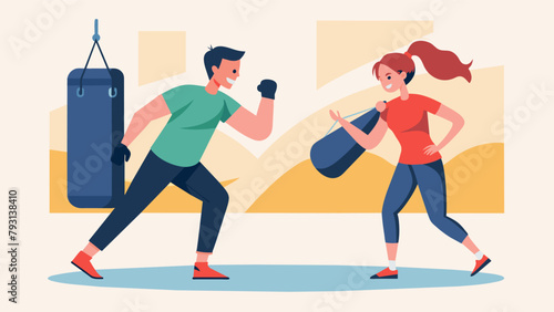 As one student holds a heavy bag their partner practices kicks and strikes building power and technique in a challenging yet supportive