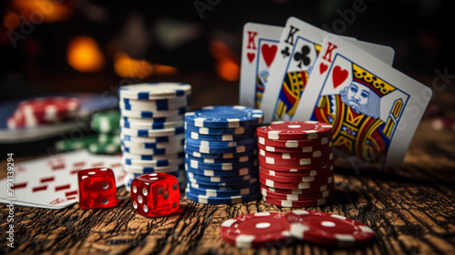 Casino chips and red gaming dice and poker cards, on dark background with bokeh, blur golden background. Concept of casino game poker, card playing, gambling chips banner backdrop background