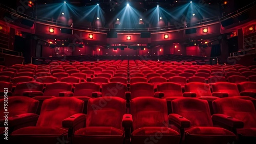 Red theater seats under spotlights in a dark auditorium. Concept Theater, Seats, Spotlights, Auditorium, Red