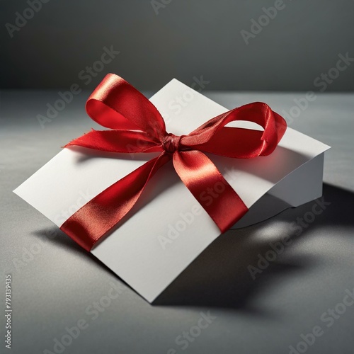  a blank white gift card tied with a luxurious red ribbon bow, elegantly displayed against a sleek grey backdrop with minimalistic shadow effects.