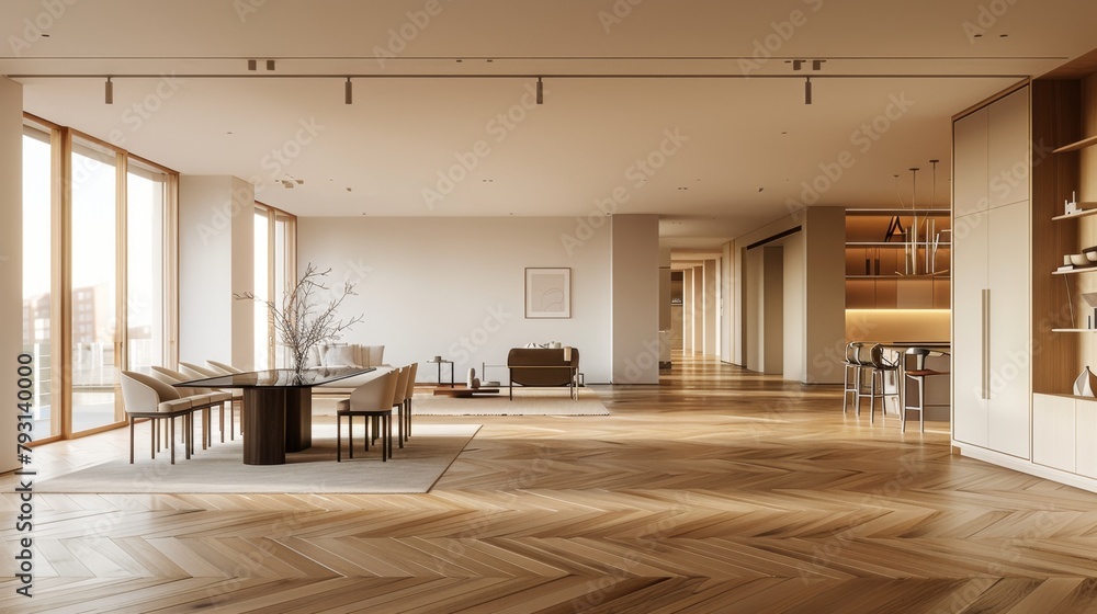 Obraz premium A large, open living room with a wooden floor and a large table. The room is filled with furniture, including chairs, a couch, and a coffee table