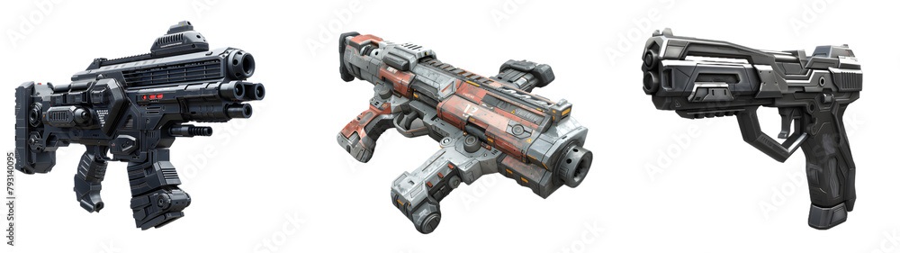 Detailed Futuristic Sci-Fi Weapon Collection Isolated on White Background, png. Detailed Futuristic Sci-Fi Weapon Collection Isolated on White Background, png.
