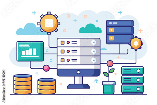 A computer screen filled with a variety of data related to database management system and web hosting, Database management system web hosting, Simple and minimalist flat Vector Illustration