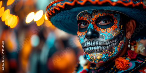A man with bluen and oange skull make up and a hat photo