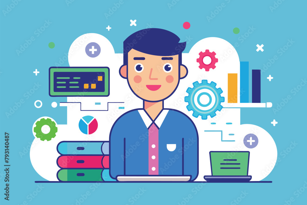 A data engineer working on a laptop computer in a simple and minimalist setting, data engineer, Simple and minimalist flat Vector Illustration A data engineer working on a laptop computer in a simple and minimalist setting, data engineer, Simple and minimalist flat Vector Illustration