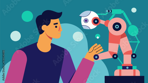 A person with a neural implant looks cautiously at a robotic arm controlled by AI pondering the implications of giving up their own control in.