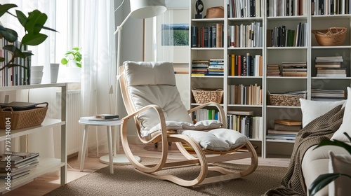 Serene reading nook setup with modern rocking chair and organized bookshelves in a bright room photo