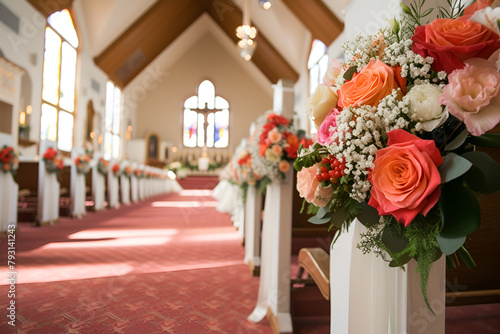 The church interior is adorned beautifully, decorated for the wedding ceremony with elegance