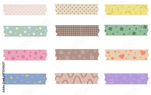 Designer tape of different colors with patterns, moon, stars, butterflies, wavy and straight lines, leaves, flowers. For notes, texts, books