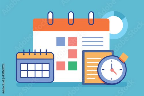 A data paper displaying a calendar with a small clock placed next to it for efficient time management, Data paper with calendar and time, Simple and minimalist flat Vector Illustration