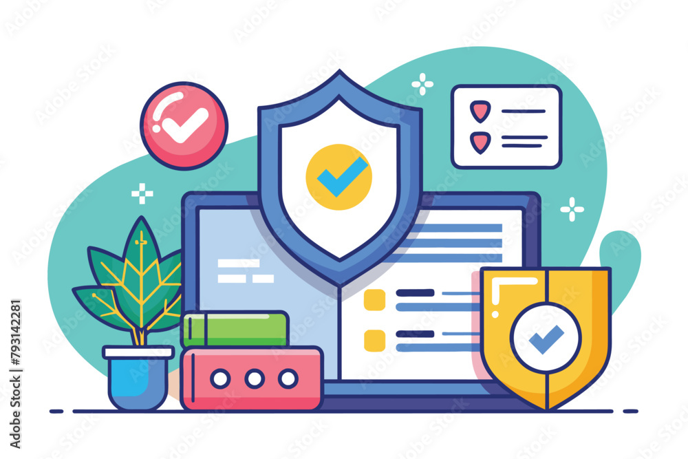 A shield resting on top of a laptop, symbolizing data protection and security, Data protection security or privacy, Simple and minimalist flat Vector Illustration