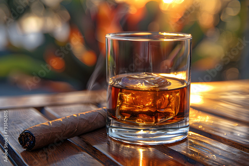 A whiskey glass and cigar placed on a wooden table, creating a cozy and elegant atmosphere, perfect for relaxation or celebration. © ELmidoi-AI