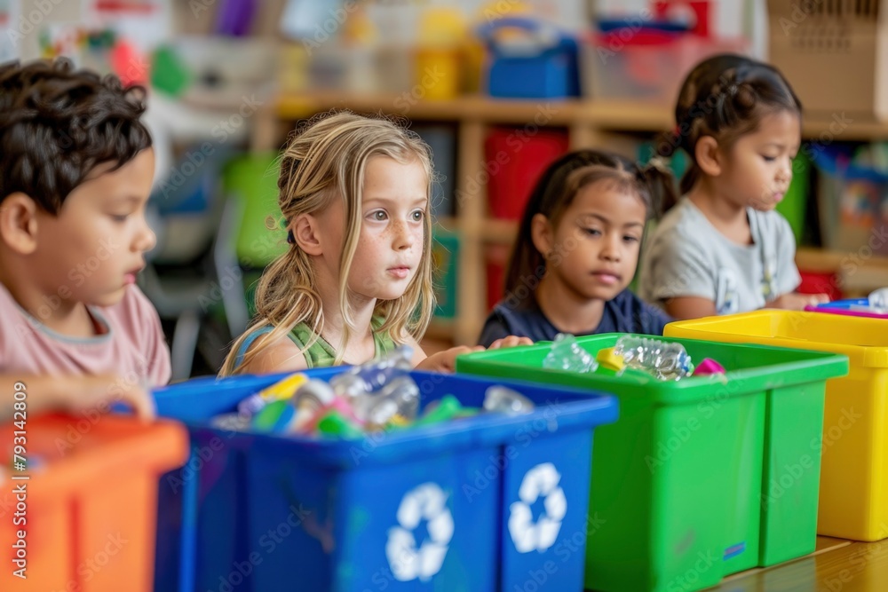 Multiethnic Children Engaged in Classroom Recycling Activity