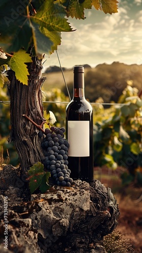 A bottle of wine with an unbranded label on an old grape vine, with a sturdy trunk, a clear sky and a vineyard in the background. Warm colors, photography and realism. Copy space photo