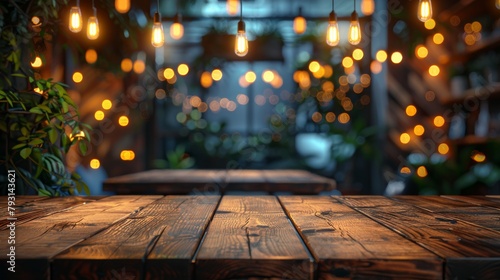 In this image  a wooden table is seen in front of an abstract blurred restaurant light background