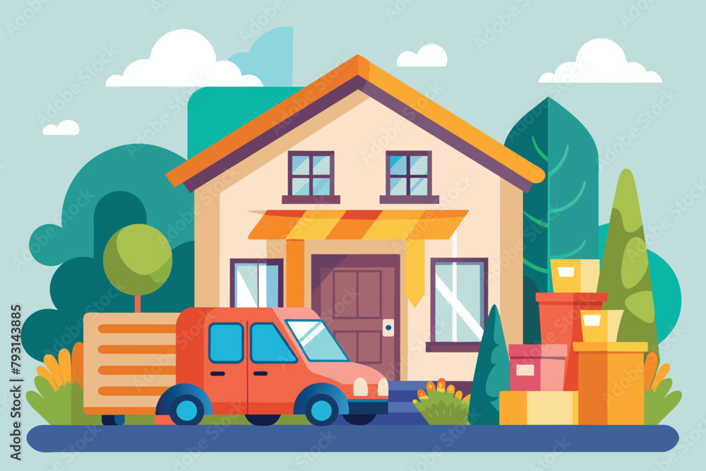 A truck is parked in front of a residential house, indicating the delivery or pickup of goods, Delivery of goods to the front of the house conept flat illustration A truck is parked in front of a residential house, indicating the delivery or pickup of goods, Delivery of goods to the front of the house conept flat illustration