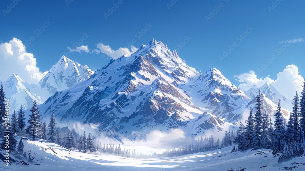 Modern illustration of a winter mountain landscape featuring a blue sky and snowy spruces