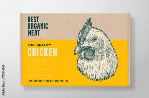 Chicken Meat Vector Packaging Label Design on a Craft Cardboard Food Box Container. Modern Typography and Hand Drawn Domestic Poultry Bird Face Head Background Layout Isolated