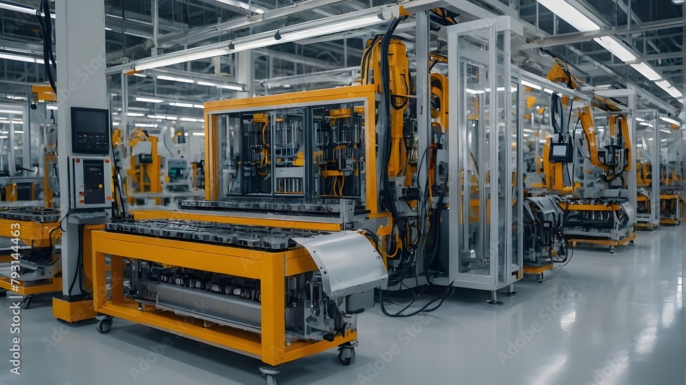 Battery cell assembly line for electric vehicles in mass production close-up picture
