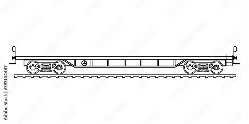 Railroad cargo flat wagon - outline vector illustration. High detailed ...