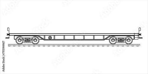 Railroad cargo flat wagon - outline vector  illustration. High detailed flat car railway wagon on white background. A hand drawn line art of a transport cargo wagon. Flat illustration view from side.