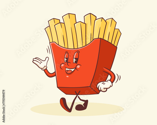 Groovy French Fries Retro Character. Cartoon Food Fry Box Package Walking and Smiling. Vector Fastfood Mascot Template. Happy Vintage Cool Personage Illustration Isolated