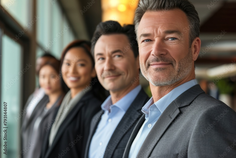 Portrait of confident mature businesspeople standing in office, looking at camera and smiling. Portrait of confident mature businesspeople standing in office, looking at camera and smiling.