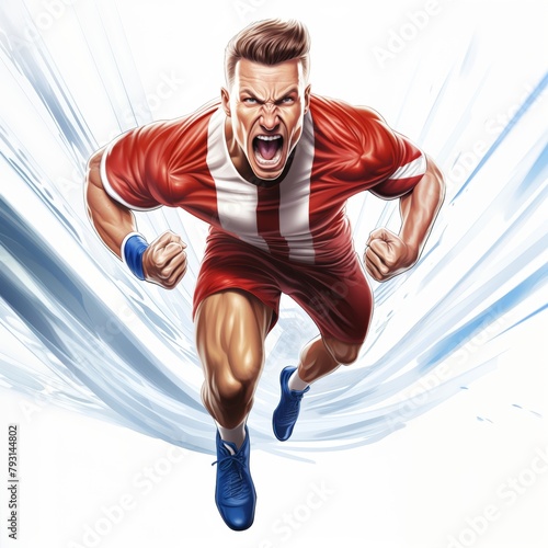 Illustration of an energetic and excited male soccer player wearing a red and white uniform with motion lines background, running towards. Banner concept.