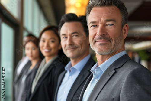 Portrait of confident mature businesspeople standing in office, looking at camera and smiling.