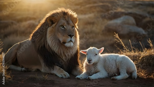 Lamb and lion Jesus the Christ, the Son of God, the King, died and rose Easter idea: dawn of a new day, holy Christ photo