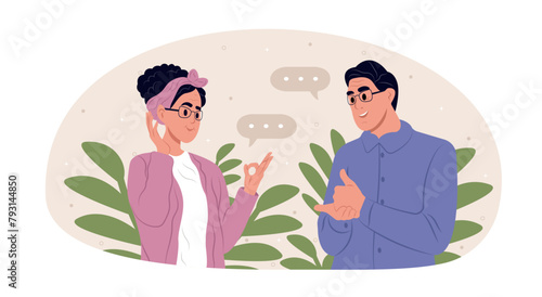 International day of sign languages. A pair of elderly deaf and mute people using sign language to communicate. A man and a woman with hearing impairment.