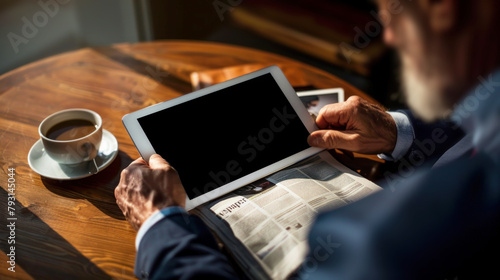 Senior businessman using a tablet on a sunny day photo