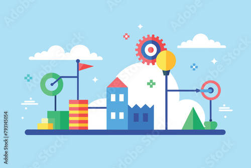 A minimalist flat vector illustration of a building and clock against a blue background, development, Simple and minimalist flat Vector Illustration