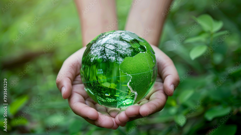 Eco Hands Embracing Green Globe in glass. Protecting Planet Together.Environment Earth Day. Eco Hands Embracing Green Globe in glass. Protecting Planet Together.Environment Earth Day.