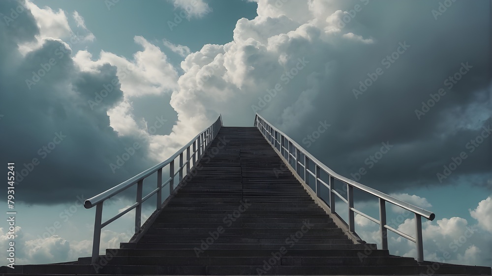stairway that leads into the clouds. Concept of growth, future, and development using soft pastel colors