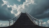 stairway that leads into the clouds. Concept of growth, future, and development using soft pastel colors
