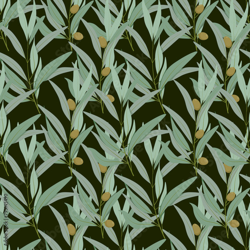 Dark green seamless pattern of olive tree branches