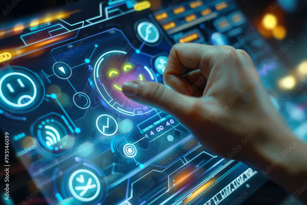 Finger touching a neon futuristic digital tablet display interface Finger touching a neon futuristic digital tablet display interface