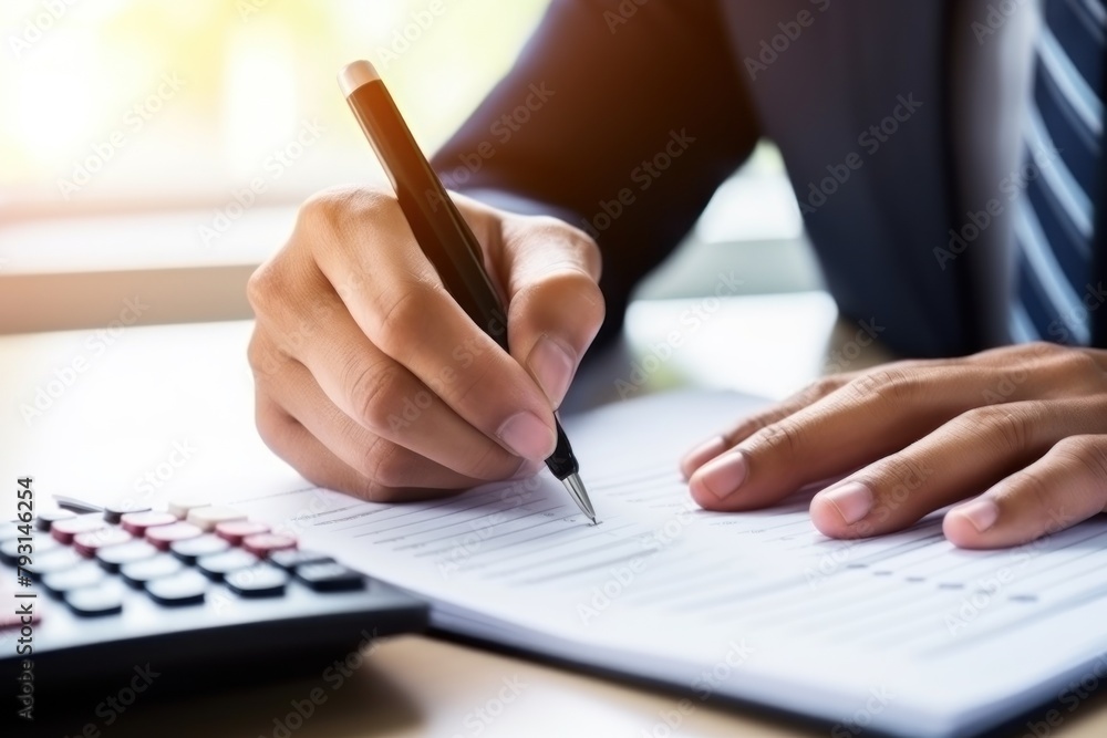 Accountant works with reports counting data on calculator. Businessman makes profit with salary calculations for company employees. Accountant of workstation weekdays at big cash-rich firm Accountant works with reports counting data on calculator. Businessman makes profit with salary calculations for company employees. Accountant of workstation weekdays at big cash-rich firm
