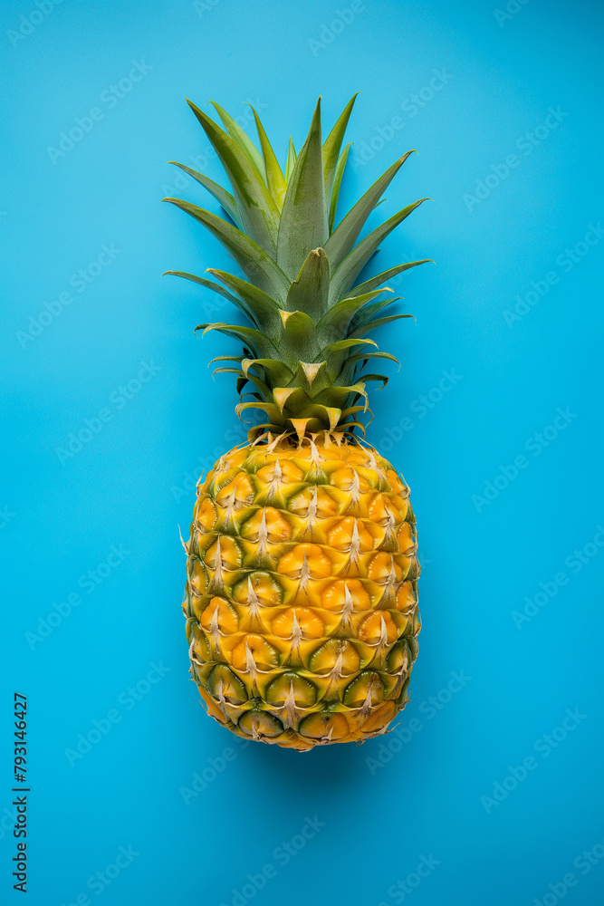 Full shot of whole raw ripe pineapple on blue background top view