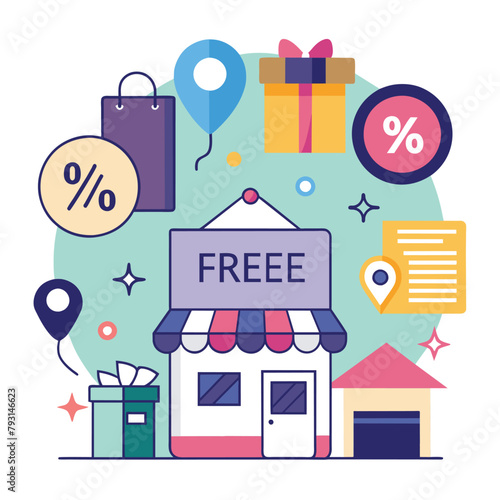 A small house with a sign stating Free, indicating items are available to take without charge, Discount shopping with free shipping, Simple and minimalist flat Vector Illustration