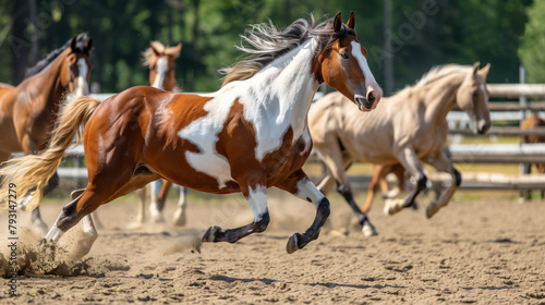 A group of horses are running in a field. The horses are brown and white. American Paint Horse in the Herd and Running