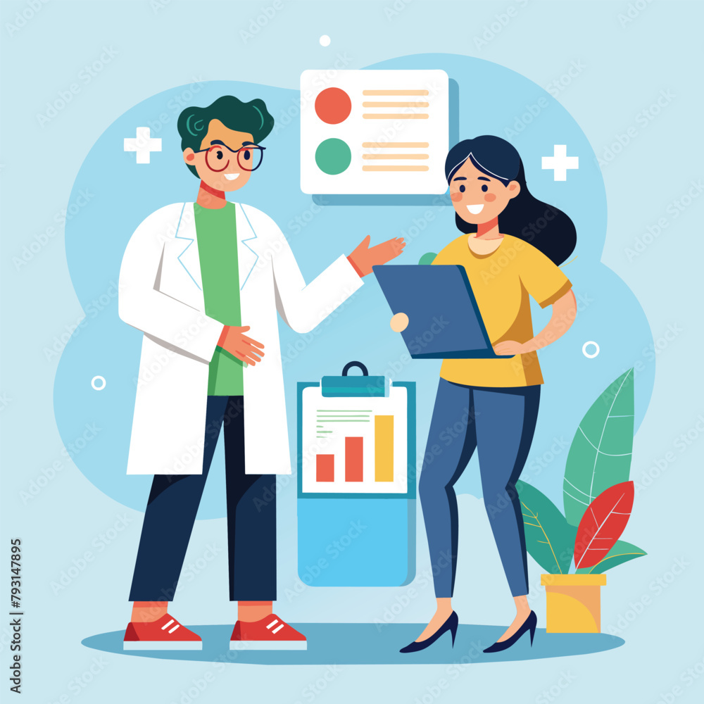 Doctor and Nurse Presenting Infographic to Patient, doctor and nurse showing patient infographic, Simple and minimalist flat Vector Illustration