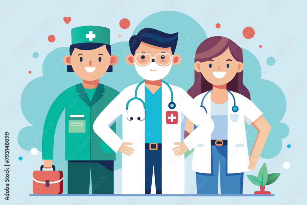 A group of doctors in professional attire standing next to each other, doctor and nursing team, Simple and minimalist flat Vector Illustration A group of doctors in professional attire standing next to each other, doctor and nursing team, Simple and minimalist flat Vector Illustration