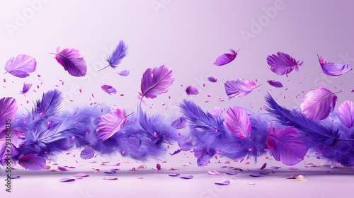  A cluster of violet quills drifting through the air, petals scattering beneath, accompanied by more petals strewn before them
