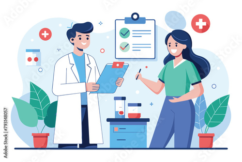 Male and Female Doctors Standing in Front of Clipboard, doctor and nurse showing patient infographic, Simple and minimalist flat Vector Illustration © Iftikhar alam