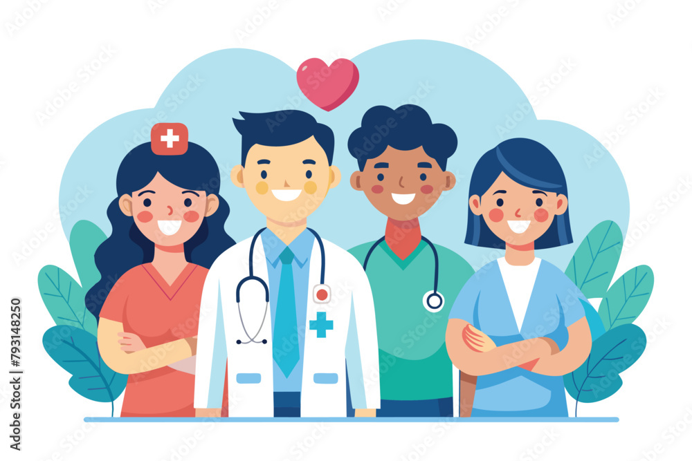 A group of doctors and nursing team members standing in unity and solidarity, doctor and nursing team, Simple and minimalist flat Vector Illustration A group of doctors and nursing team members standing in unity and solidarity, doctor and nursing team, Simple and minimalist flat Vector Illustration