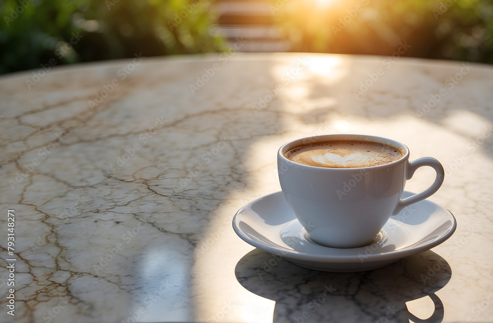 Cup of coffee on the table, blurred glowing sunlight in the morning garden.